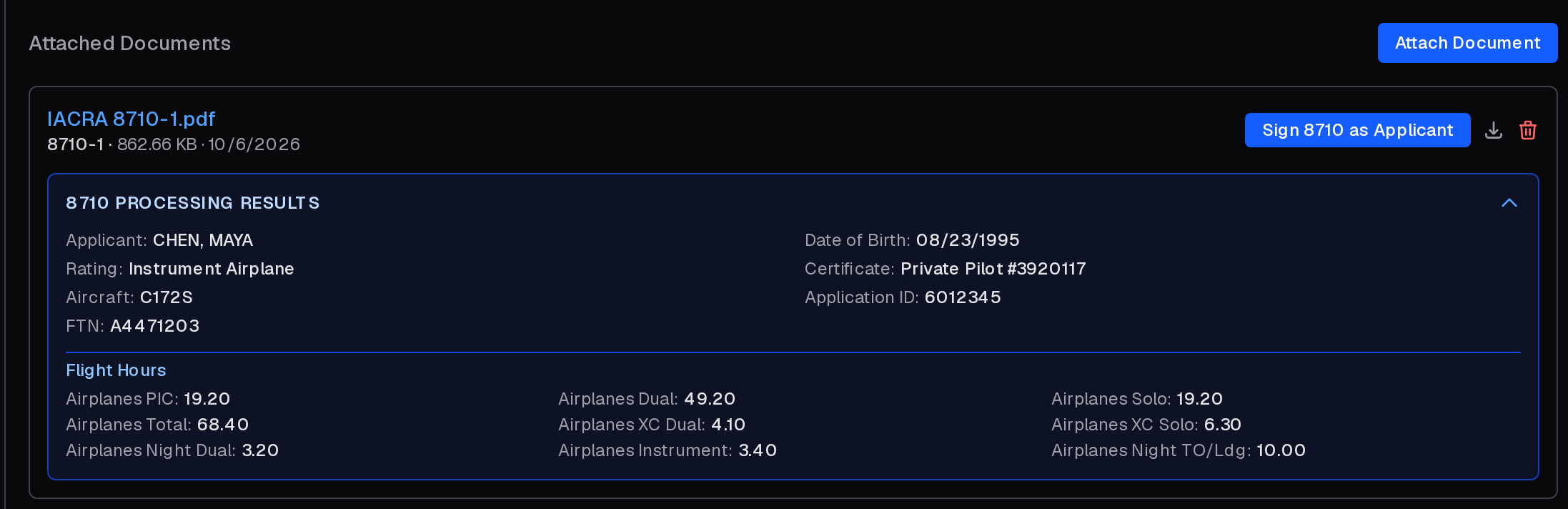 An uploaded 8710 with Sign 8710 as Applicant, and its processing results: applicant information and flight hours