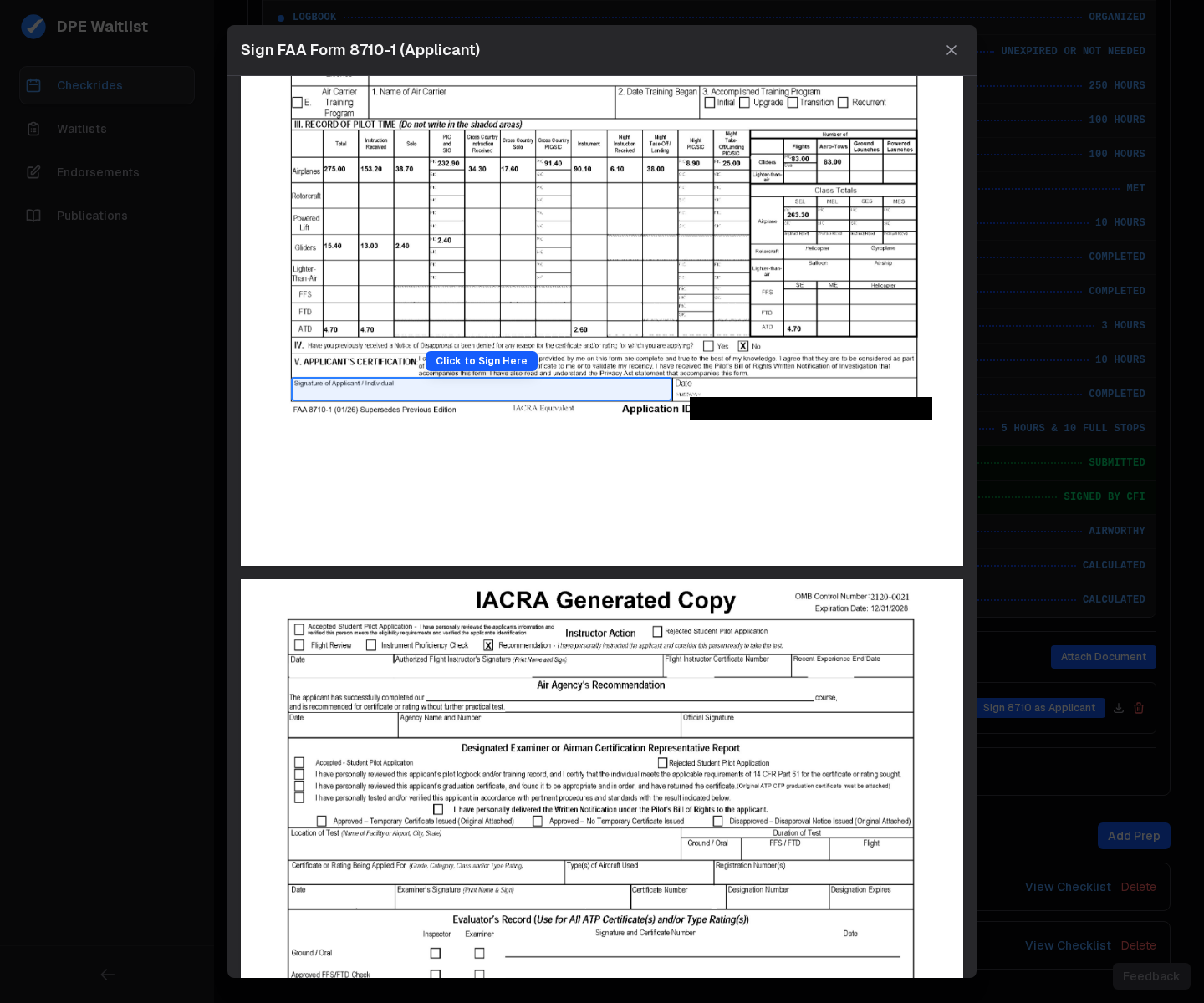 Sign 8710 modal showing the PDF page with the applicant signature cell highlighted and a Click to Sign button