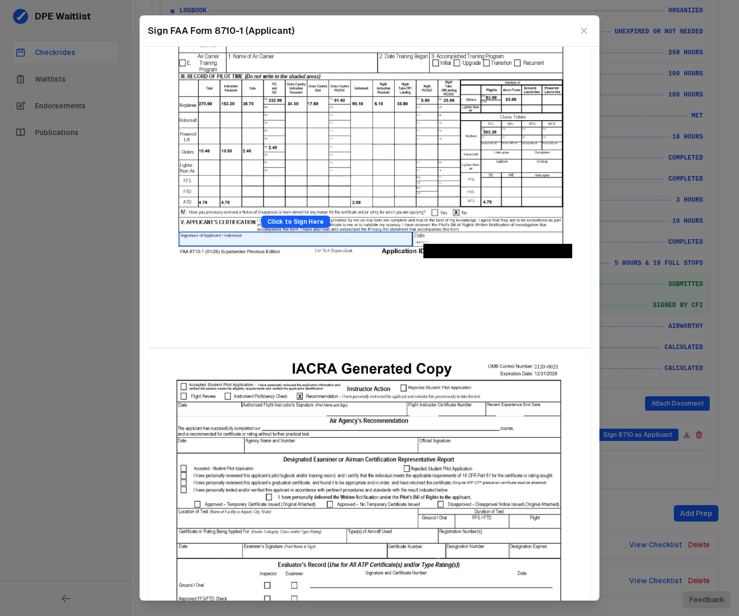 Sign 8710 modal showing the PDF page with the applicant signature cell highlighted and a Click to Sign button