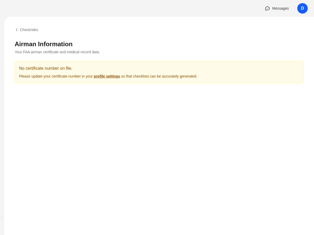 Airman Information page showing certificate lookup status and a prompt to add your certificate number