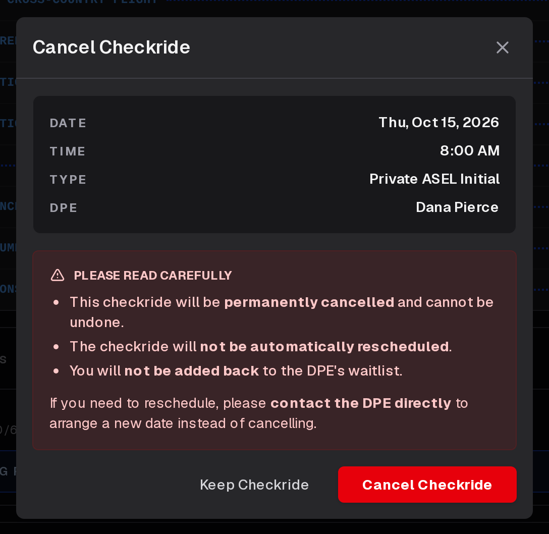 Cancel Checkride, with the checkride and what cancelling means, and Keep Checkride and Cancel Checkride