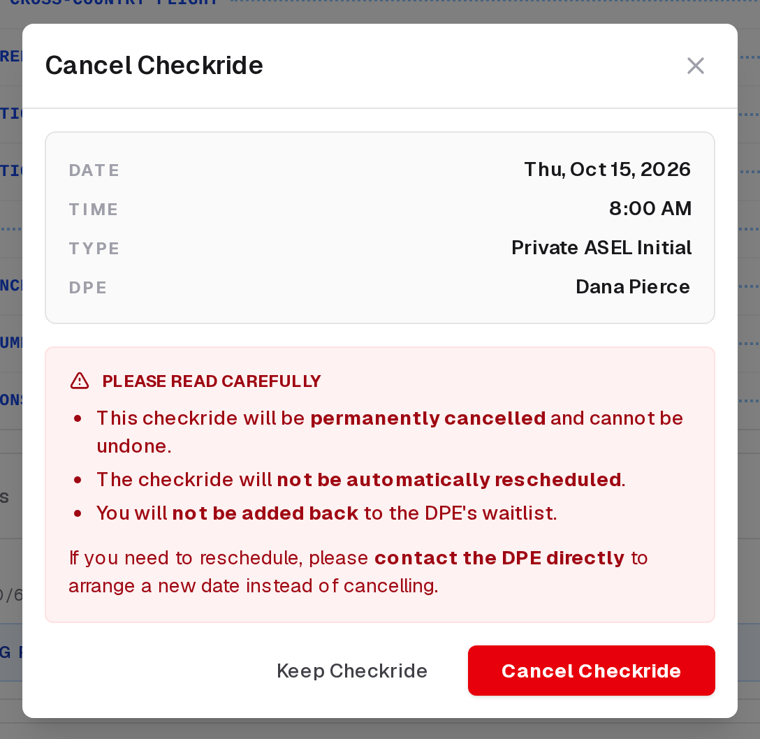 Cancel Checkride, with the checkride and what cancelling means, and Keep Checkride and Cancel Checkride