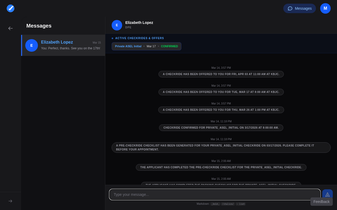 Applicant messaging inbox showing conversations with DPEs