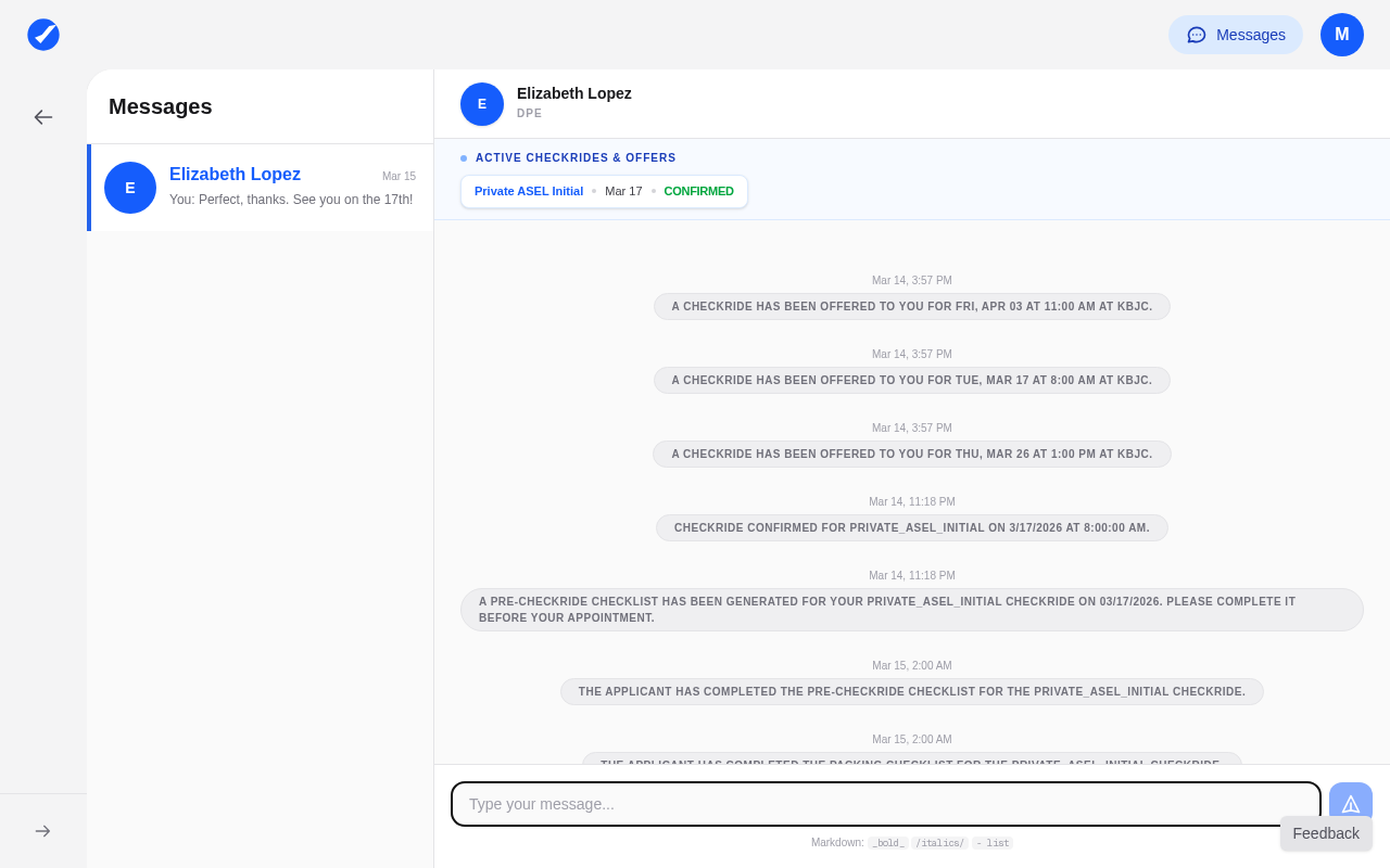 Applicant messaging inbox showing conversations with DPEs