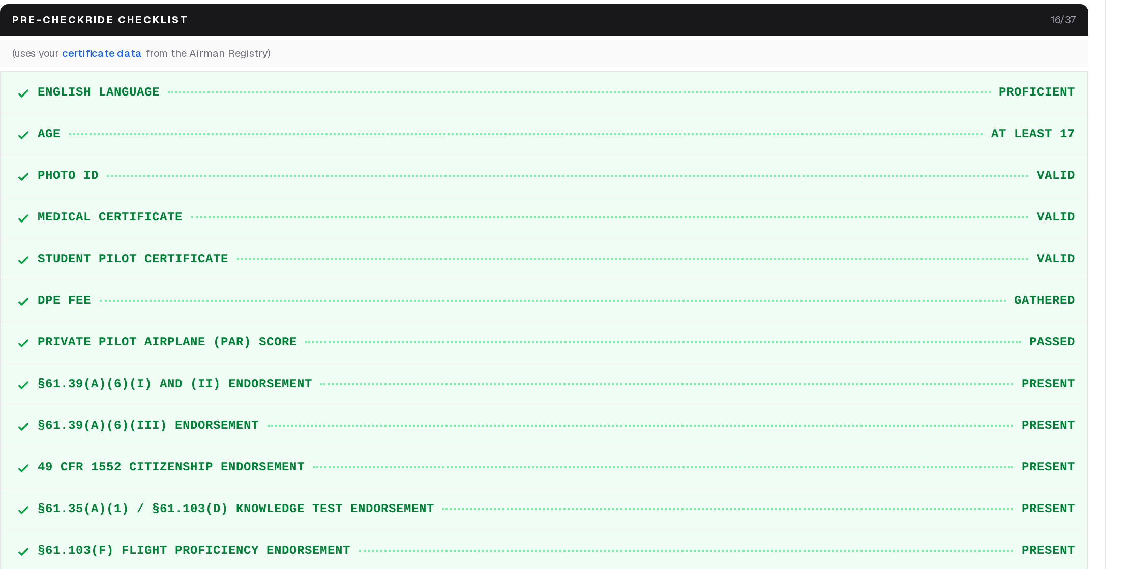 The pre-checkride checklist on a confirmed checkride, with each item and its response