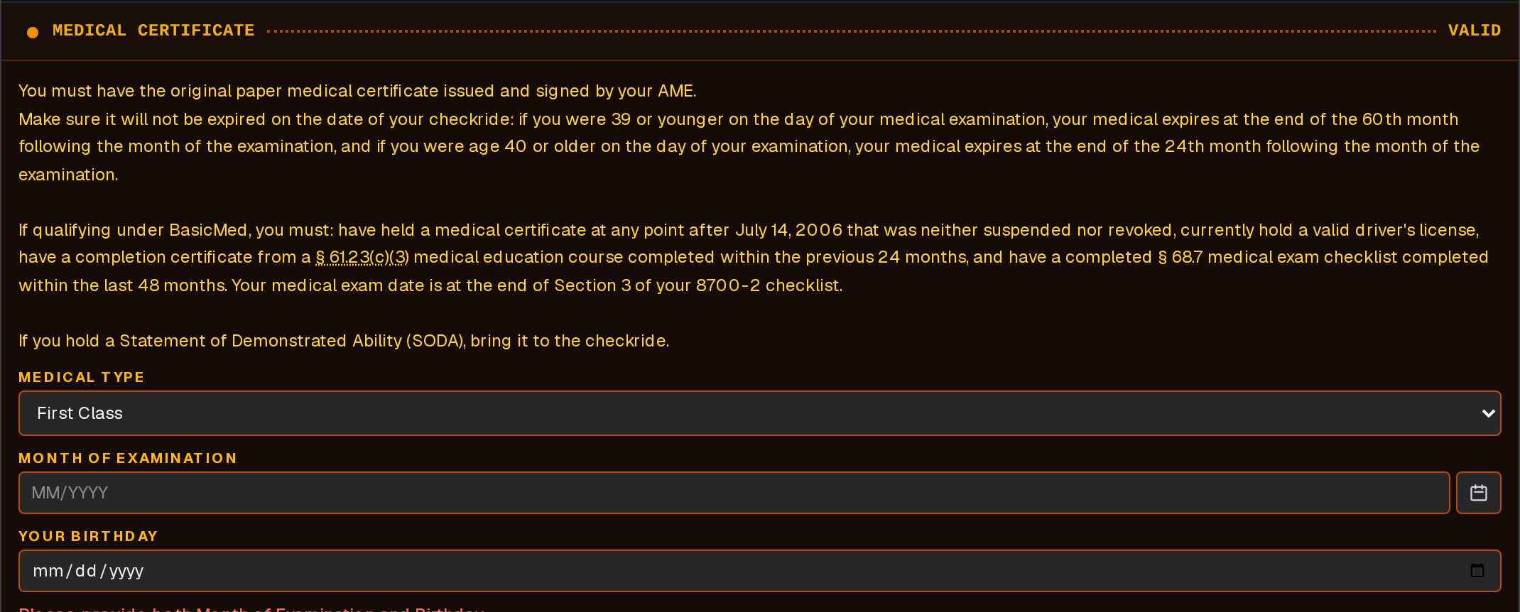 The Medical Certificate item opened: what the medical must be, then its Medical Type, Month of Examination, and the birthday the checklist remembers, already filled in