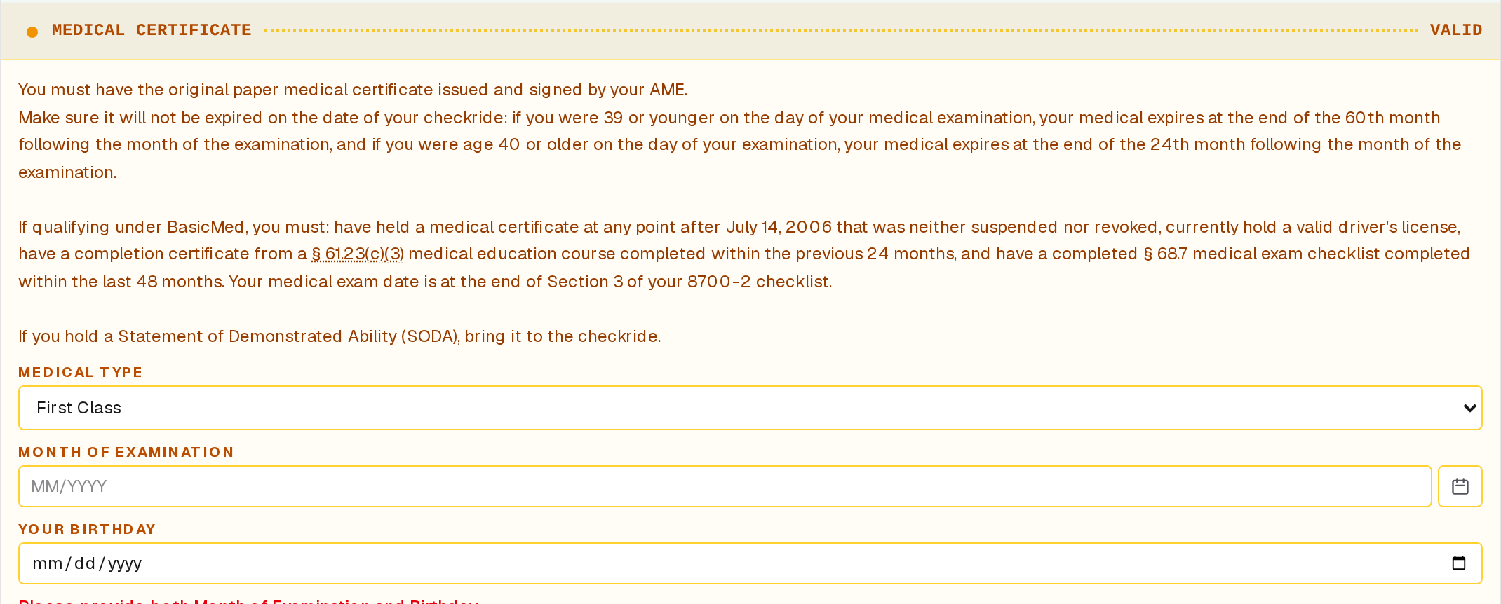 The Medical Certificate item opened: what the medical must be, then its Medical Type, Month of Examination, and the birthday the checklist remembers, already filled in