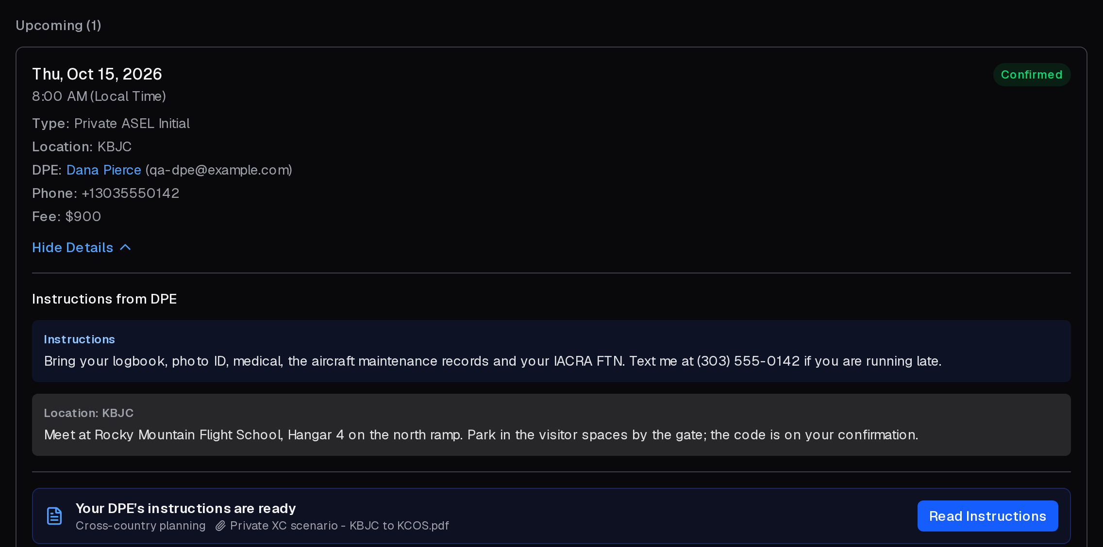 An upcoming checkride with the DPE's general and location instructions, and their instructions for its type ready to read