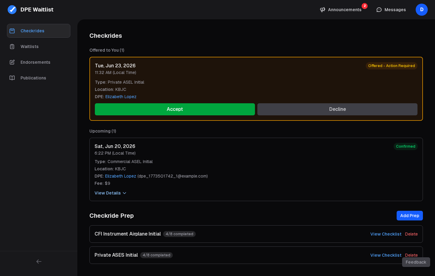 Applicant Checkrides page showing the Upcoming, Offered to You, and Checkride Prep sections