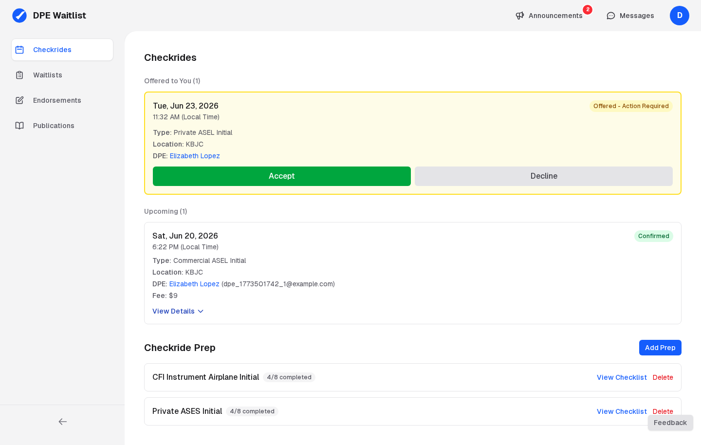 Applicant Checkrides page showing the Upcoming, Offered to You, and Checkride Prep sections