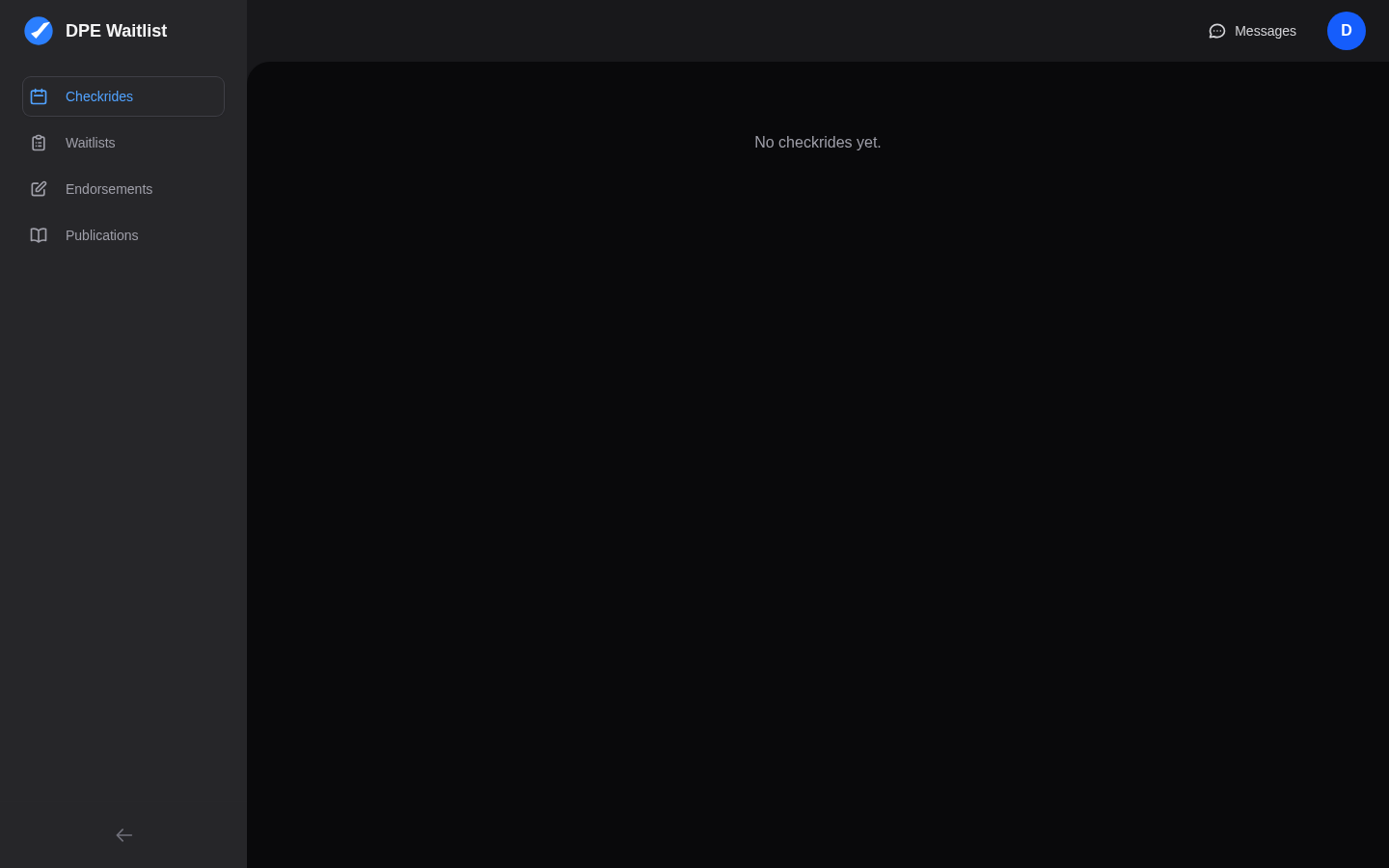 Applicant dashboard showing the sidebar navigation with Checkrides, Waitlists, Endorsements, and Publications