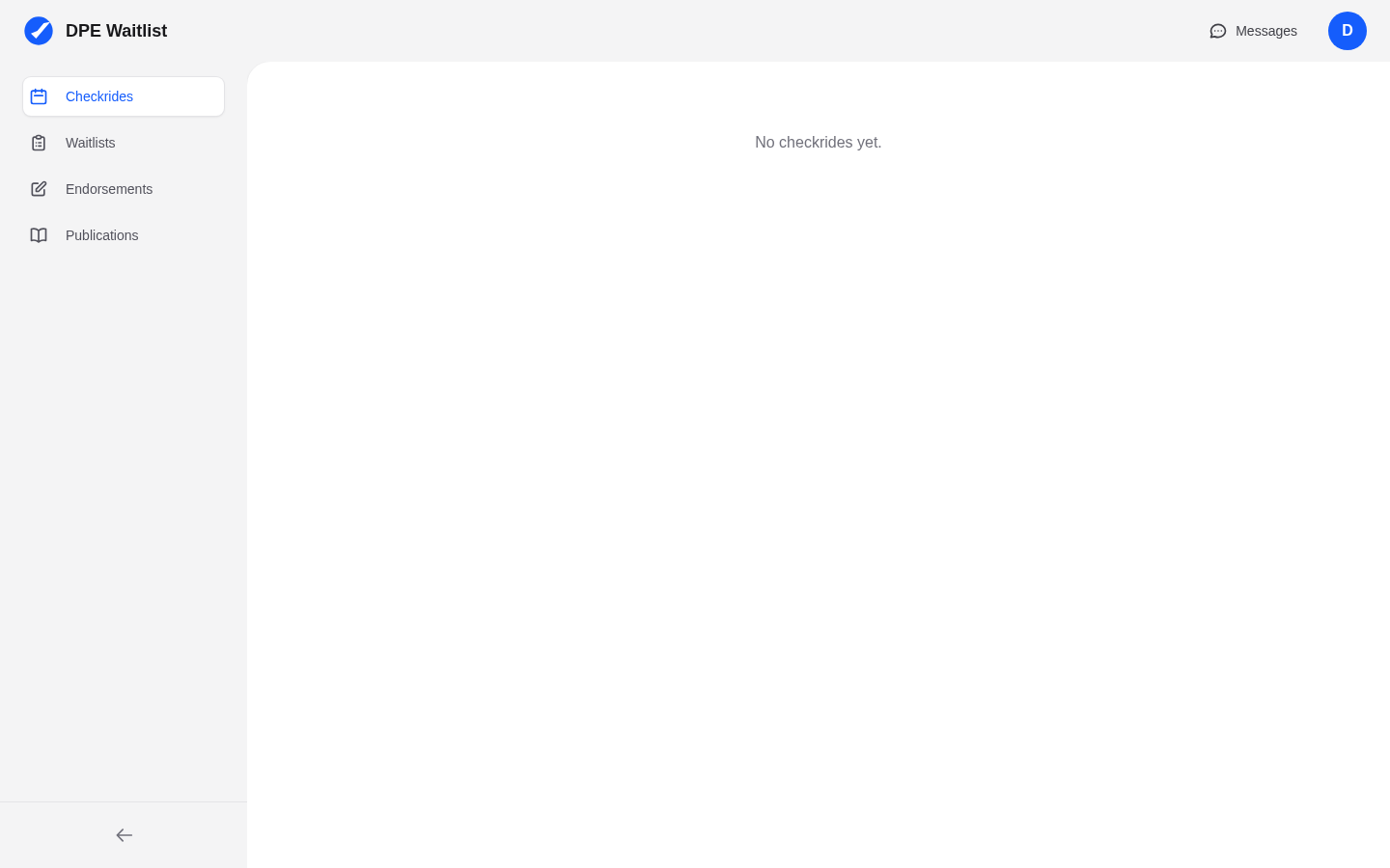 Applicant dashboard showing the sidebar navigation with Checkrides, Waitlists, Endorsements, and Publications