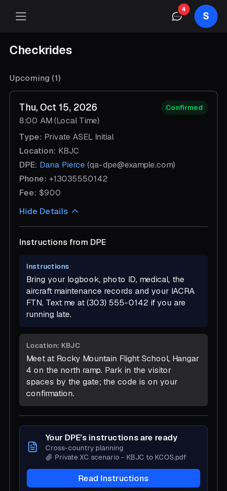 An applicant's Checkrides page on a phone: the menu button, Messages and the user menu at the top, and the upcoming checkride with its details and instructions