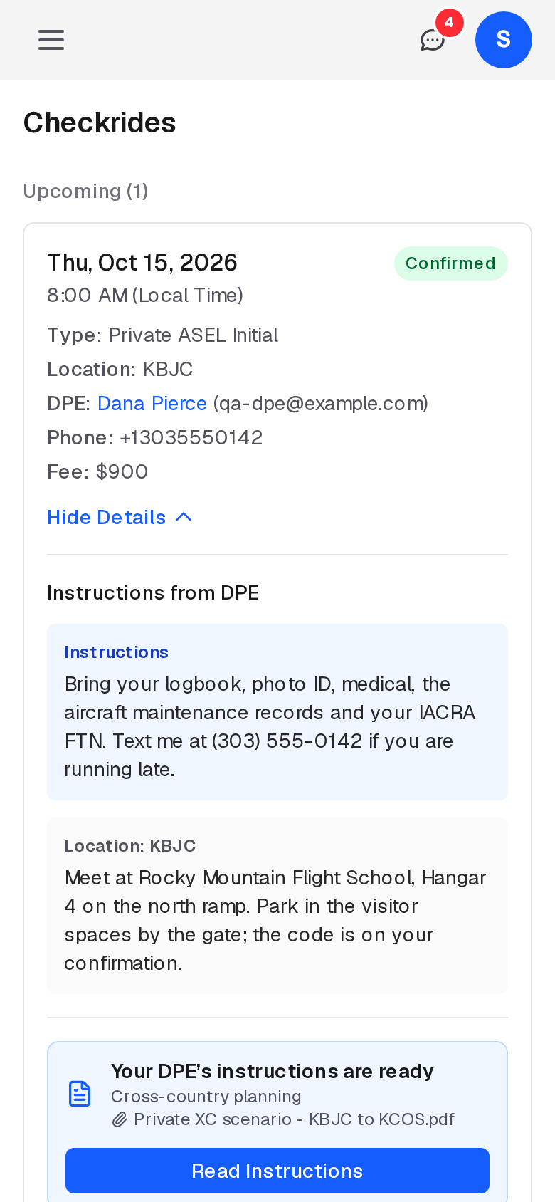 An applicant's Checkrides page on a phone: the menu button, Messages and the user menu at the top, and the upcoming checkride with its details and instructions
