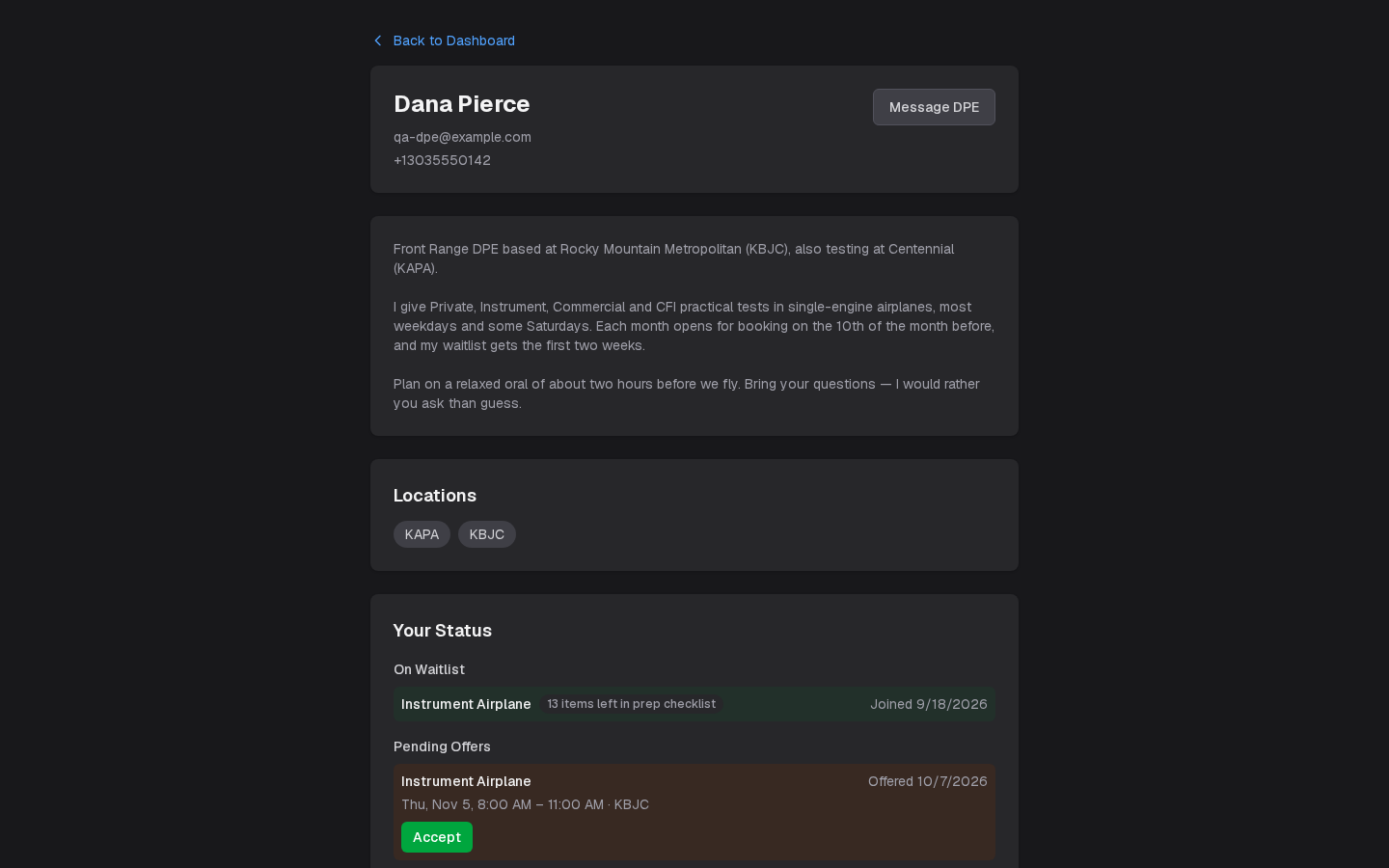 A DPE's profile while signed in: their name and contact details, profile text, locations, Your Status, and the form to book a checkride or join the waitlist