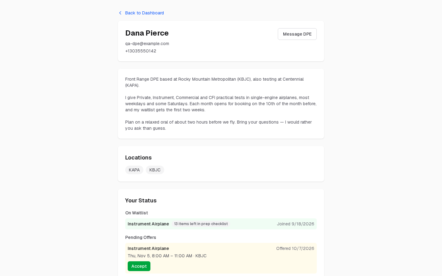 A DPE's profile while signed in: their name and contact details, profile text, locations, Your Status, and the form to book a checkride or join the waitlist
