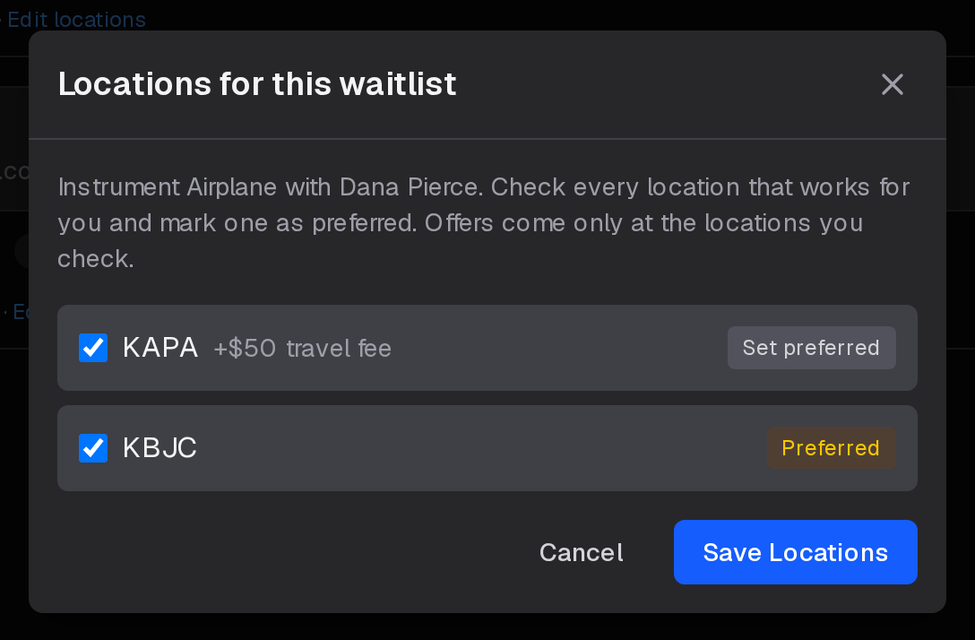 Locations for this waitlist: check the locations that work for you, mark one preferred, and save