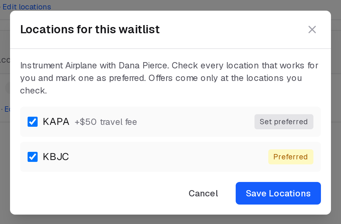Locations for this waitlist: check the locations that work for you, mark one preferred, and save