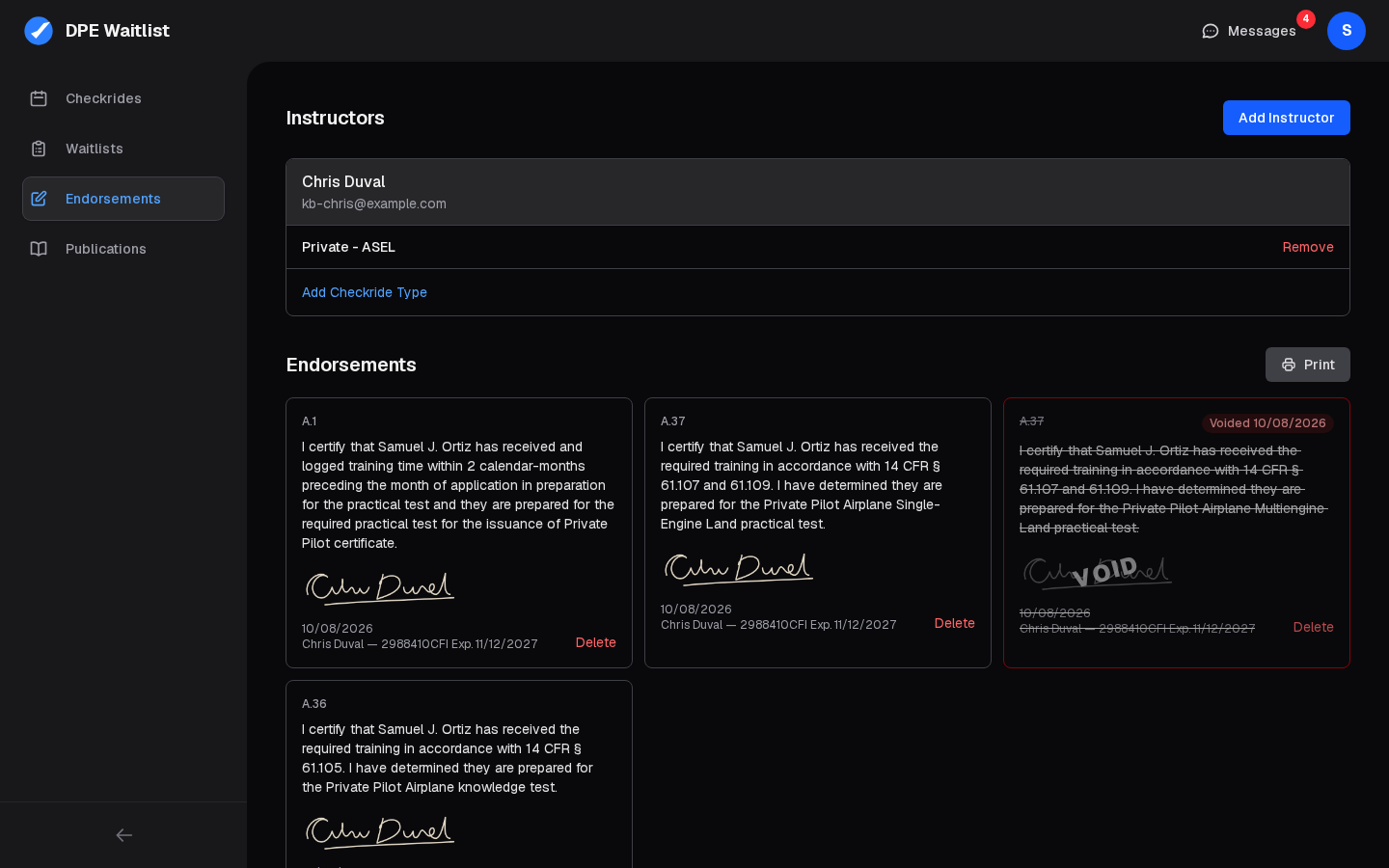 A student's Endorsements page: their instructors with the categories they authorized, Add Instructor, and the endorsements they have