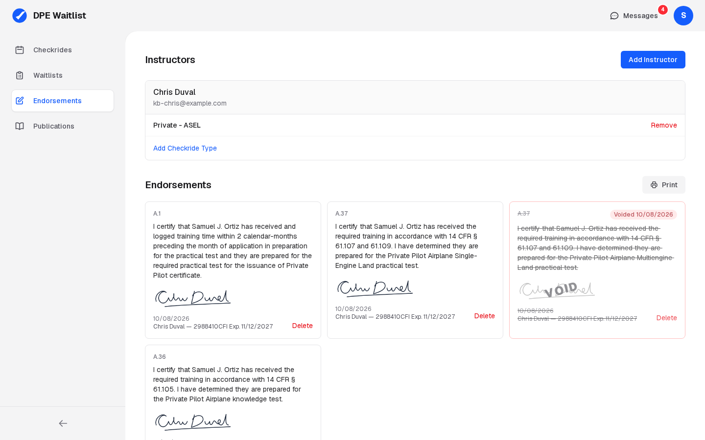 A student's Endorsements page: their instructors with the categories they authorized, Add Instructor, and the endorsements they have