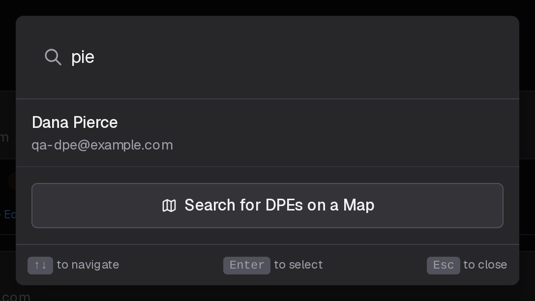 Find a DPE with a name typed in, one result, and Search for DPEs on a Map