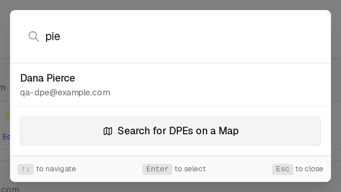 Find a DPE with a name typed in, one result, and Search for DPEs on a Map