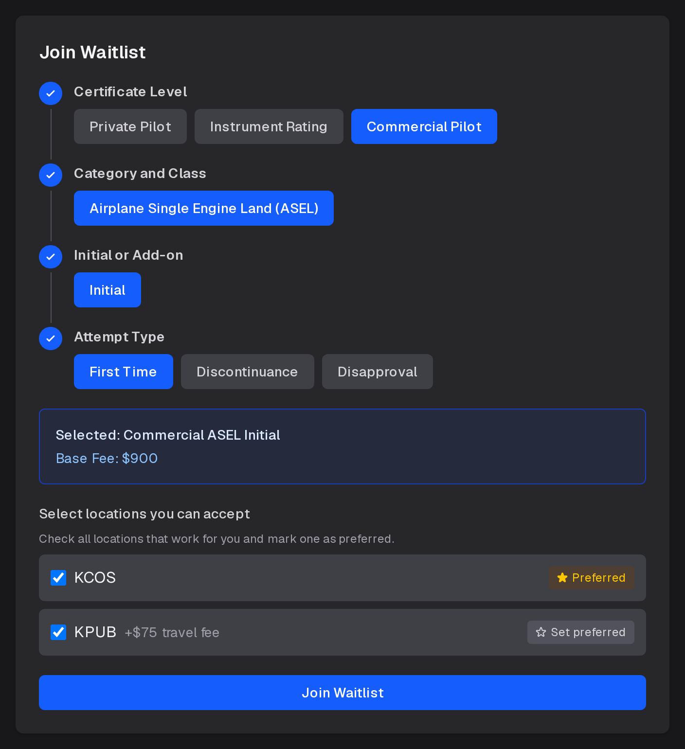 Joining a DPE's waitlist: the checkride chosen step by step, its base fee, the locations you can accept with one preferred, and Join Waitlist