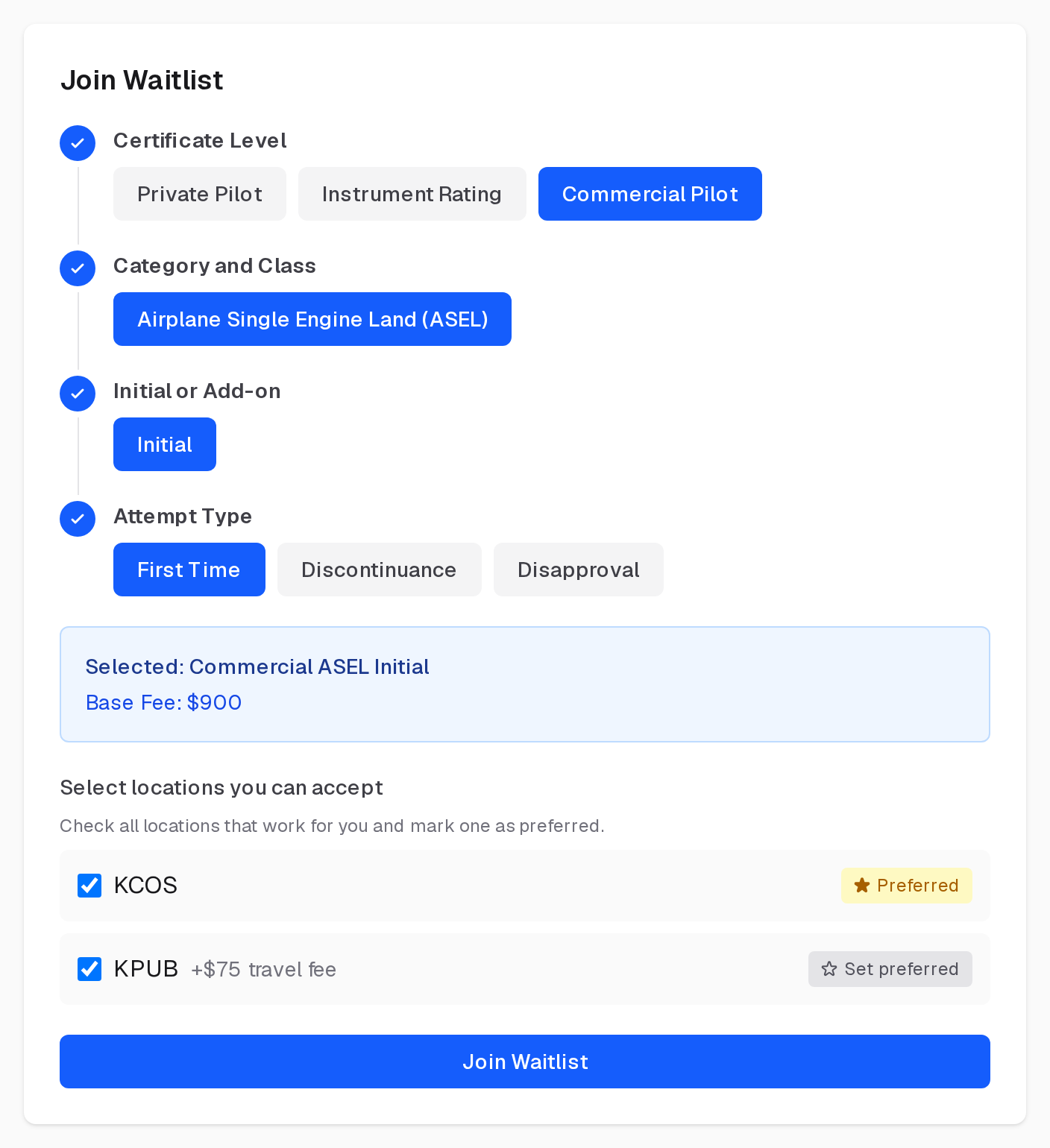 Joining a DPE's waitlist: the checkride chosen step by step, its base fee, the locations you can accept with one preferred, and Join Waitlist