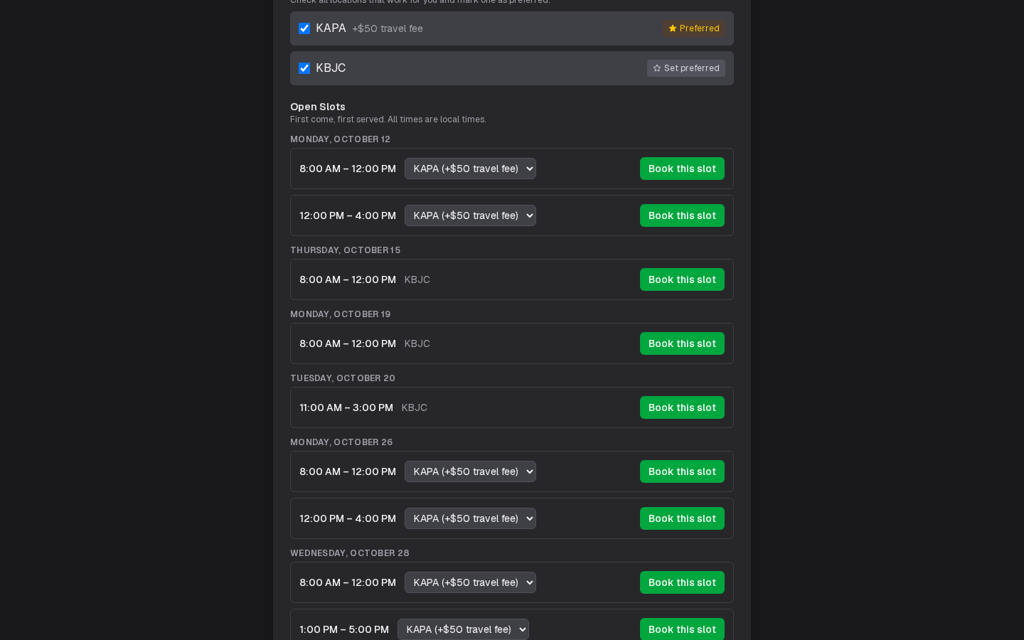 A DPE profile listing open slots by day, each with its time, location and a Book this slot button