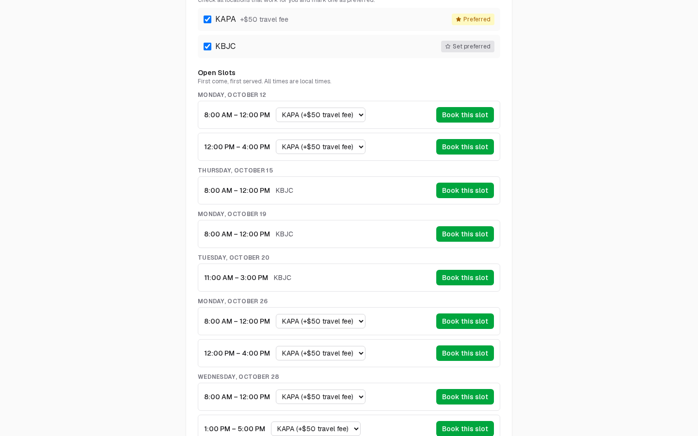 A DPE profile listing open slots by day, each with its time, location and a Book this slot button