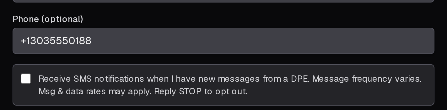 The phone number field and the text message opt-in on My Profile