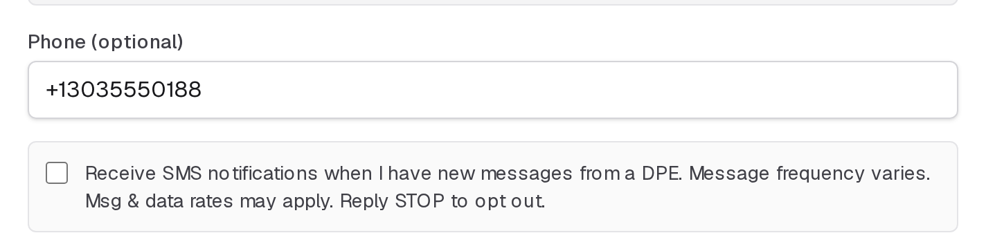 The phone number field and the text message opt-in on My Profile