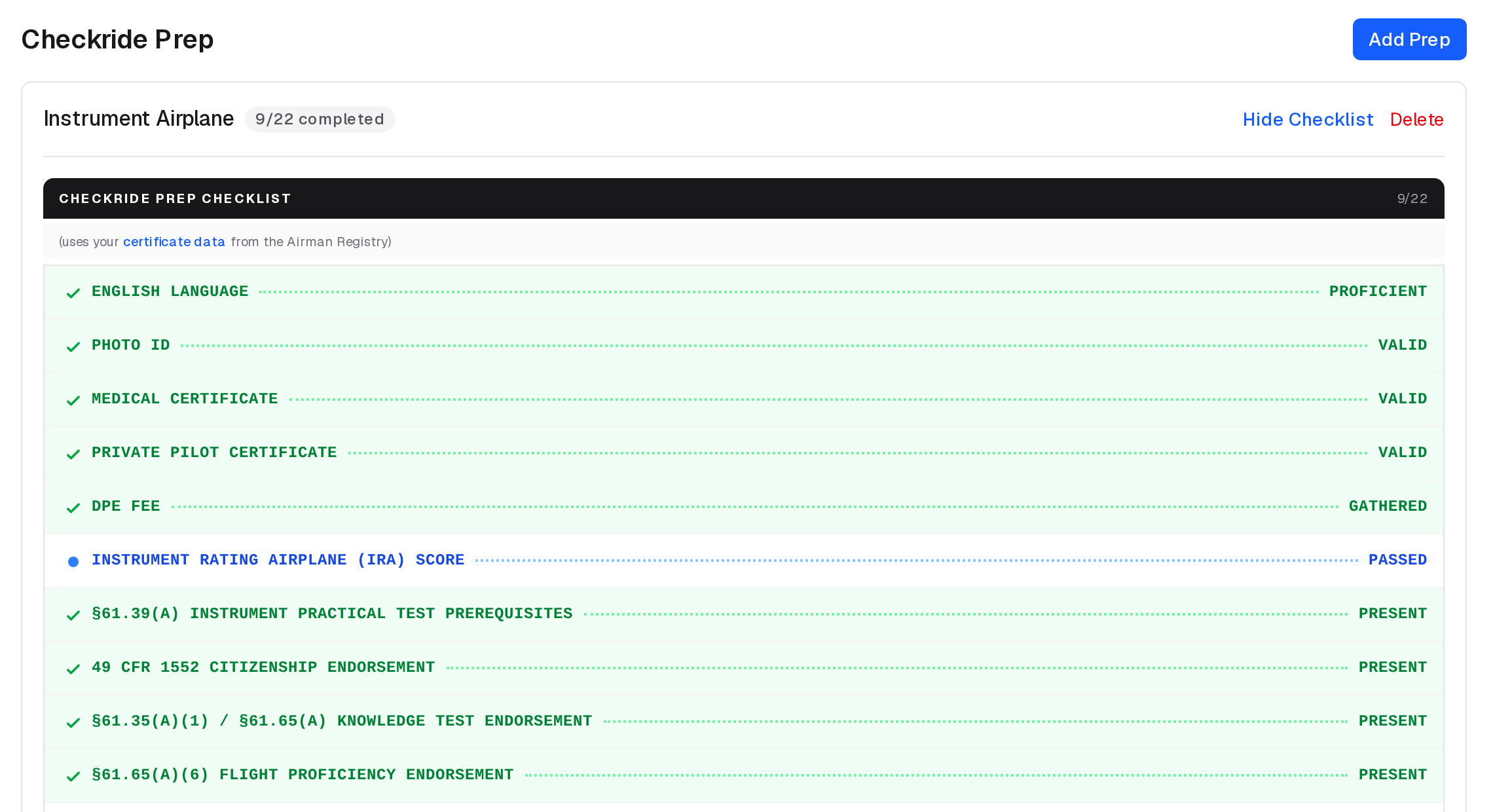 A Checkride Prep on the Checkrides page, with its checklist open