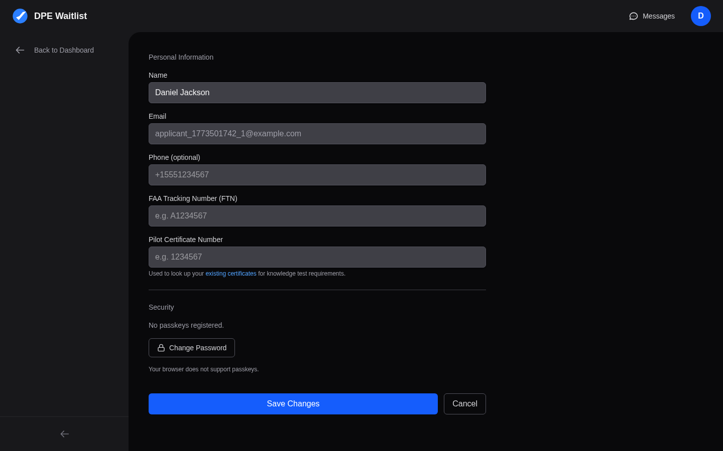 Applicant profile settings showing name, email, phone, FAA Tracking Number, and Pilot Certificate Number fields