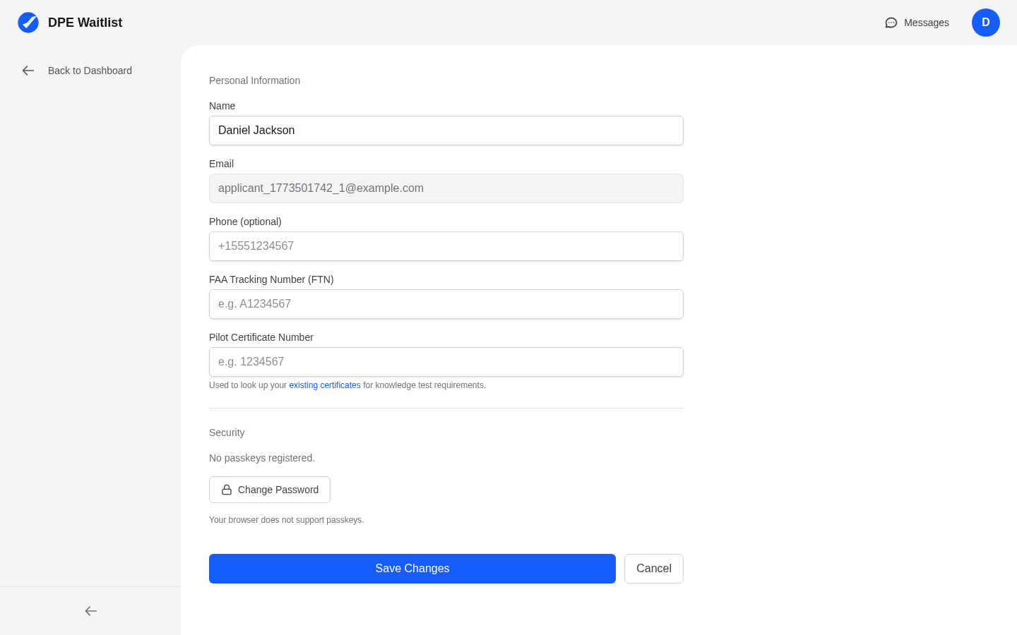 Applicant profile settings showing name, email, phone, FAA Tracking Number, and Pilot Certificate Number fields