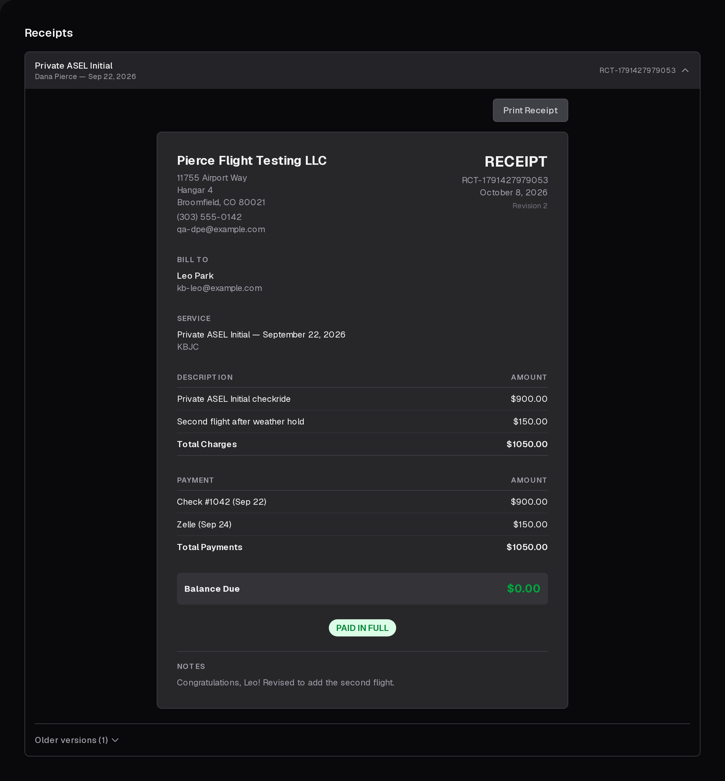 The Receipts page with a receipt open: the DPE, the charges and payments, a zero balance marked PAID IN FULL, notes, and Print Receipt
