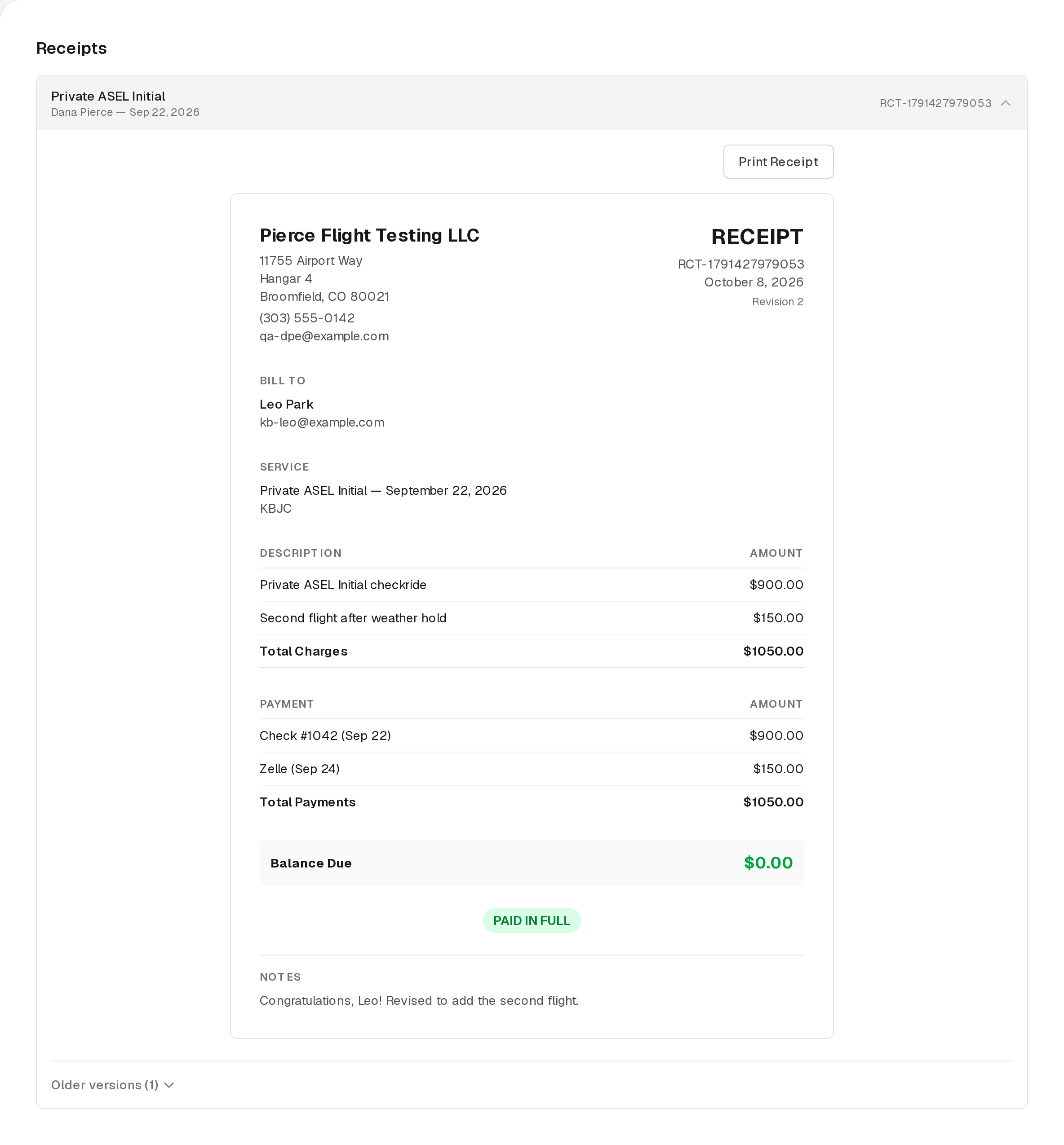 The Receipts page with a receipt open: the DPE, the charges and payments, a zero balance marked PAID IN FULL, notes, and Print Receipt