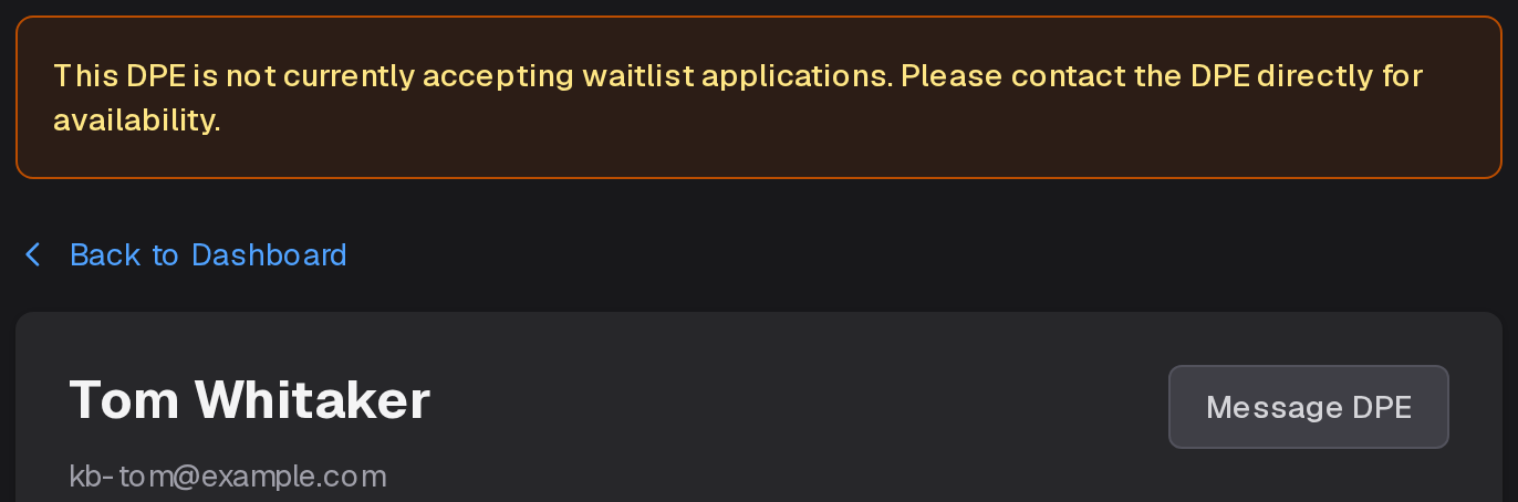A DPE's profile while their waitlist is closed: not currently accepting waitlist applications, with Message DPE