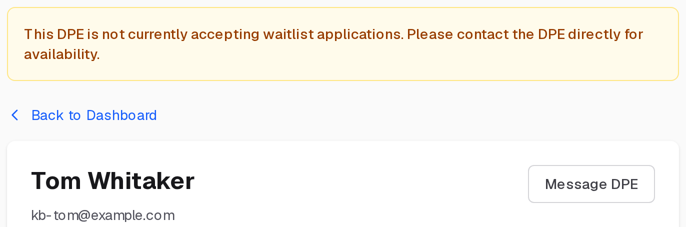 A DPE's profile while their waitlist is closed: not currently accepting waitlist applications, with Message DPE