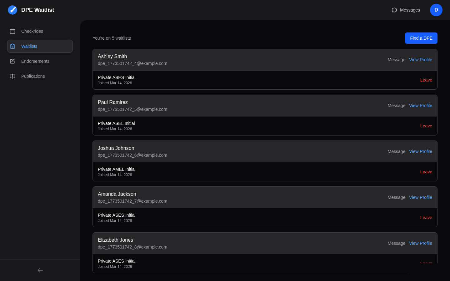 Applicant Waitlists page showing active waitlist entries with DPE names, checkride types, and Message/View Profile/Leave actions