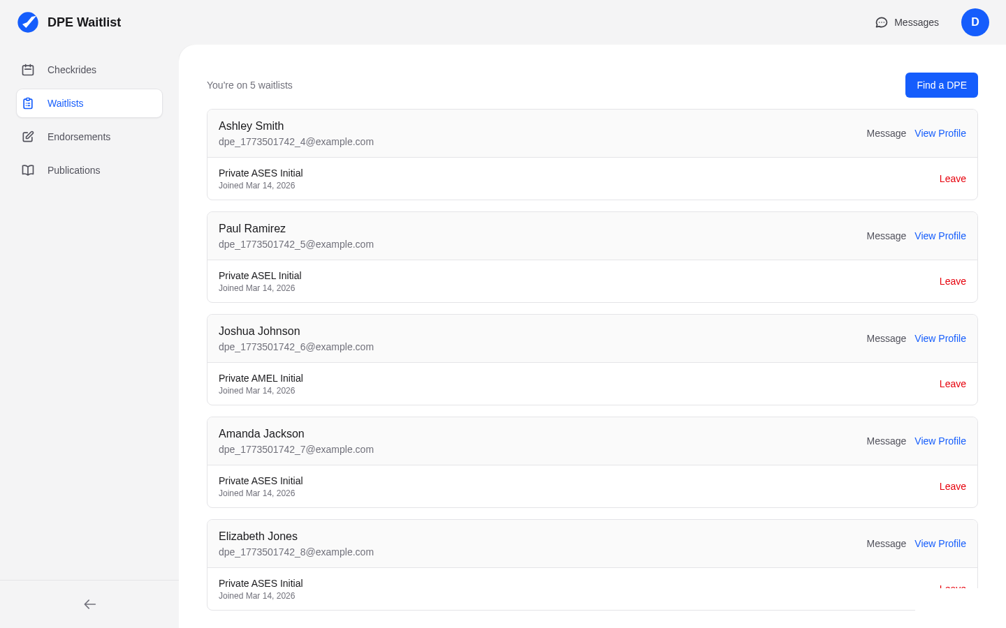 Applicant Waitlists page showing active waitlist entries with DPE names, checkride types, and Message/View Profile/Leave actions