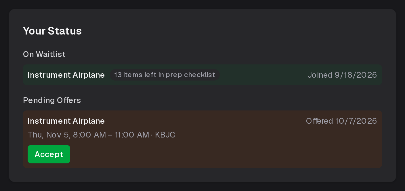 Your Status on a DPE's profile: the waitlist you are on with your prep progress, and a pending offer with Accept