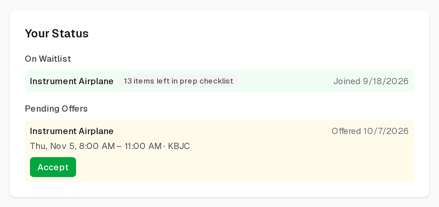 Your Status on a DPE's profile: the waitlist you are on with your prep progress, and a pending offer with Accept