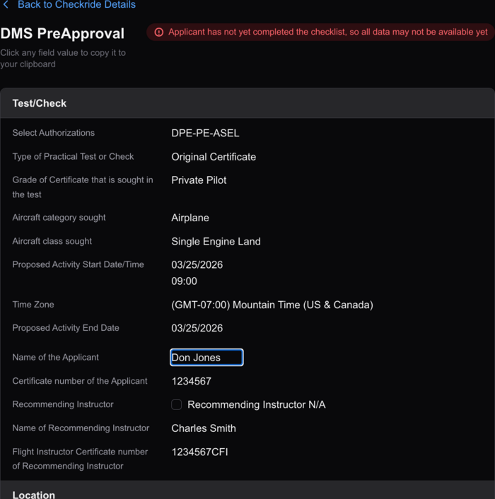 DMS PreApproval page showing checkride fields (dark mode)