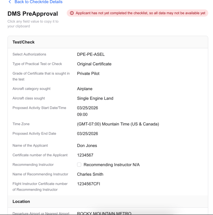 DMS PreApproval page showing checkride fields (light mode)