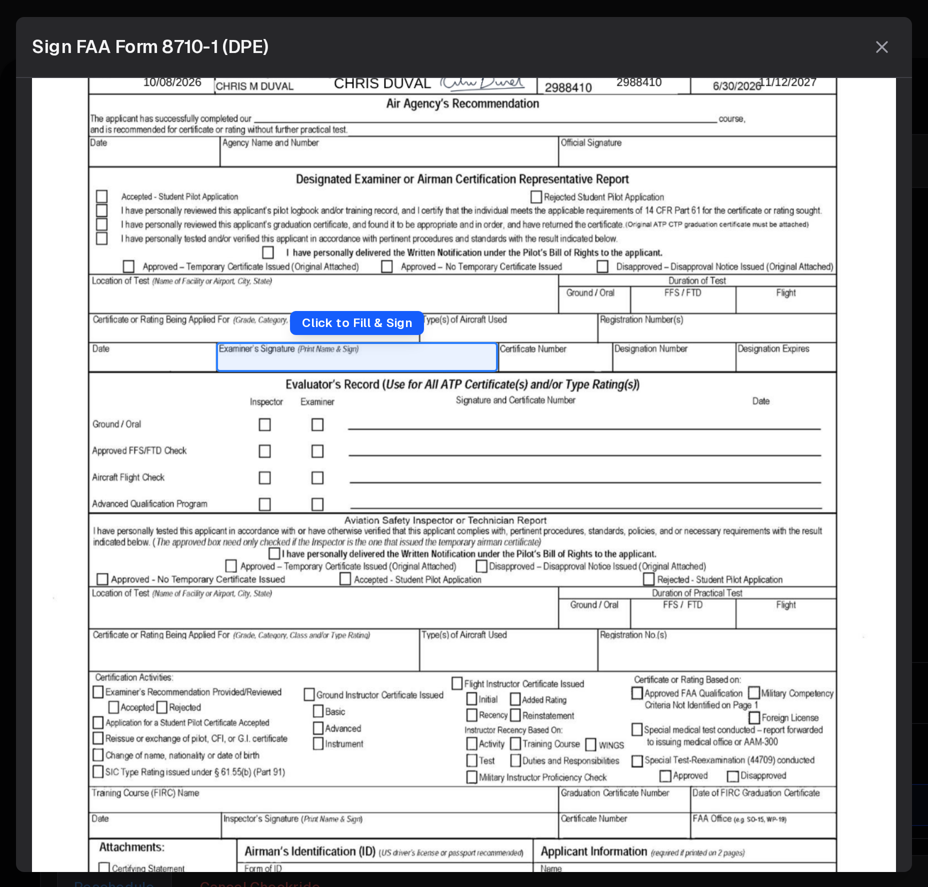 Sign FAA Form 8710-1 (DPE): the form's page with the examiner's signature cell highlighted and Click to Fill & Sign