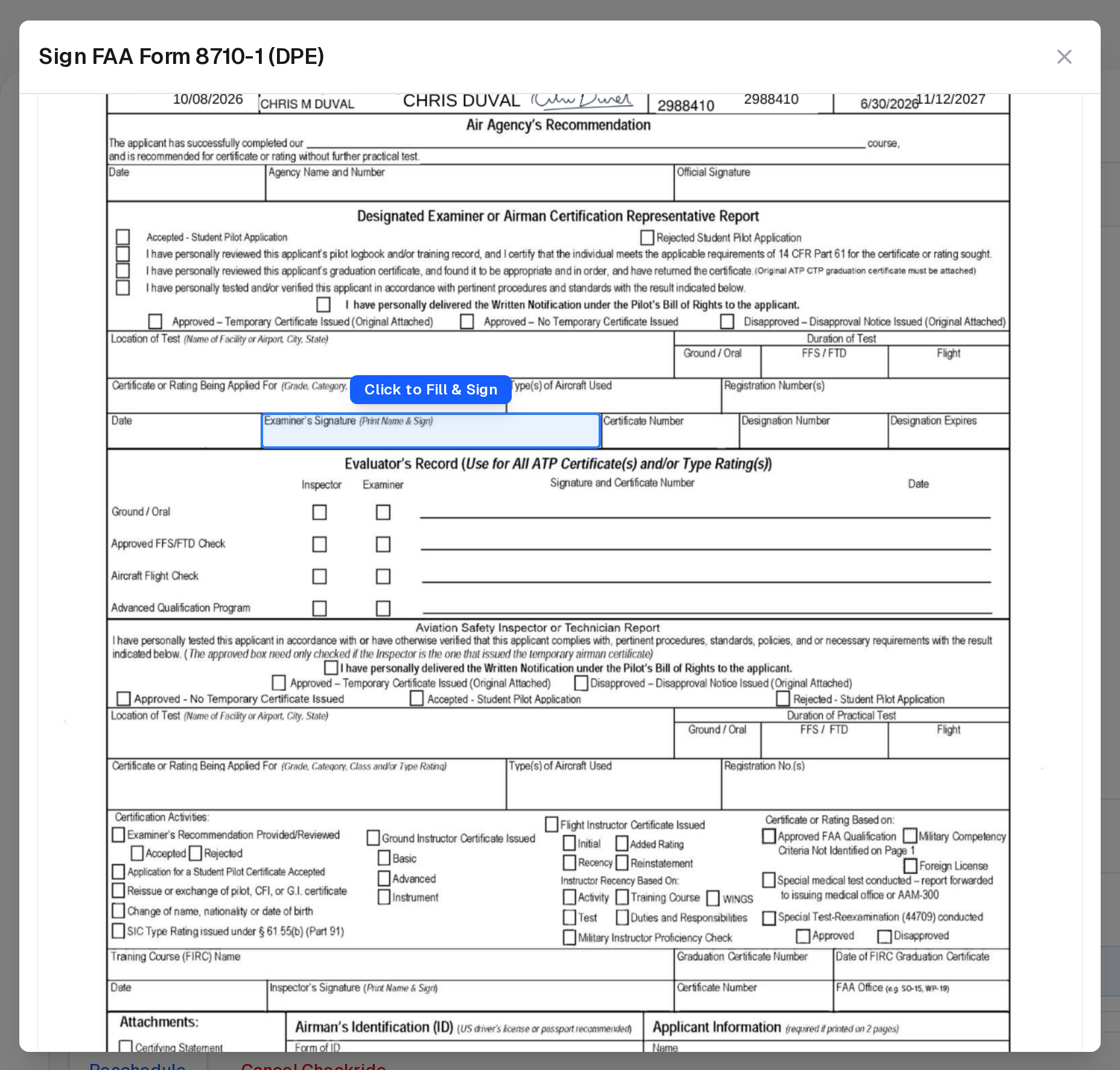 Sign FAA Form 8710-1 (DPE): the form's page with the examiner's signature cell highlighted and Click to Fill & Sign