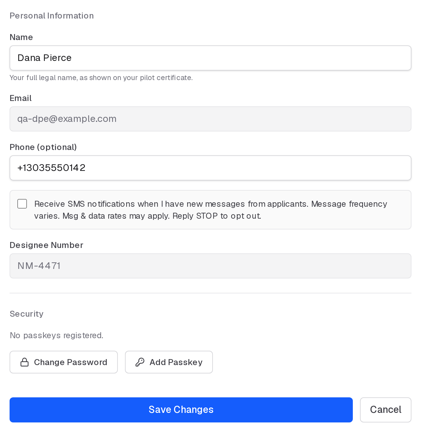 My Profile, with your name, email, phone number, the text message opt-in and your designee number