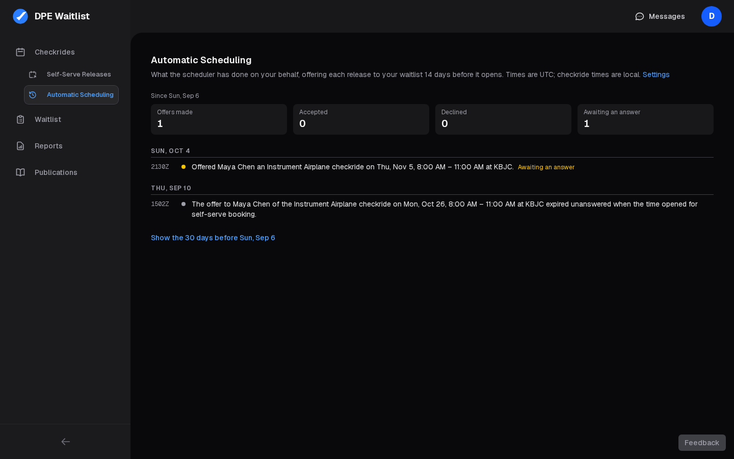 The Automatic Scheduling page with counts of offers made, accepted, declined and awaiting an answer, above the history by day