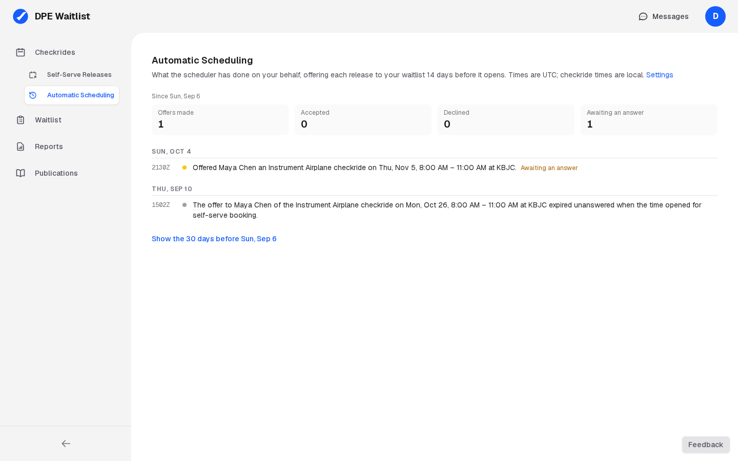 The Automatic Scheduling page with counts of offers made, accepted, declined and awaiting an answer, above the history by day